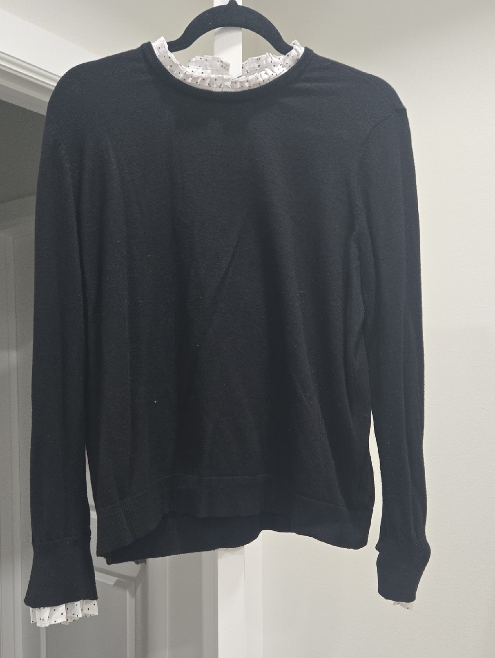 Marled Black Crewneck Sweater with Polka-Dot Ruffle Trim